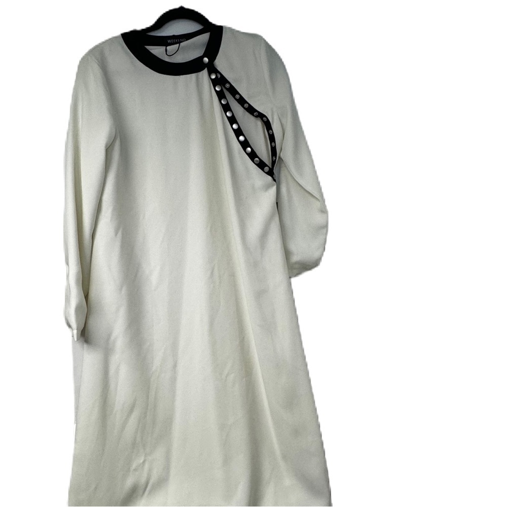 Weekend Womans L White Black trim midi sidesnap fancy party holiday winter white